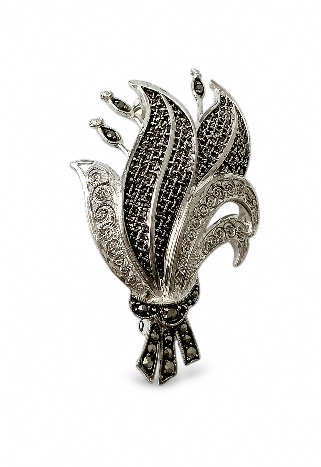 Vintage Silver Marcasite Floral Brooch