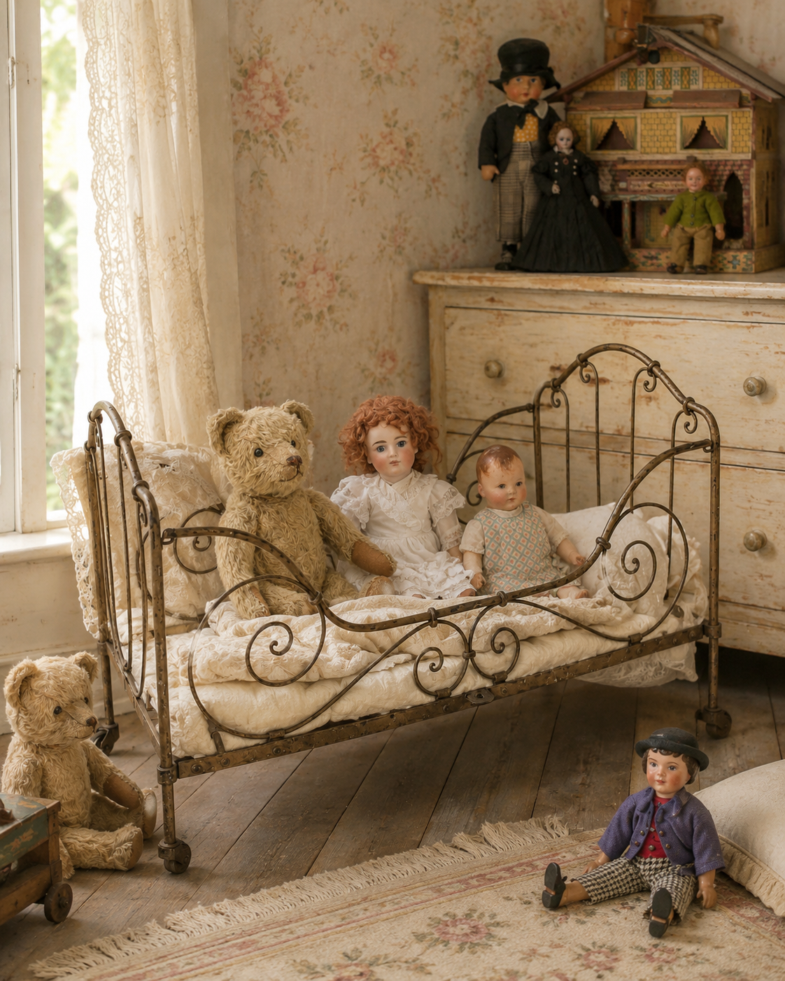 Antique Metal Doll Bed on Castors, 60 cm, Disassemblable