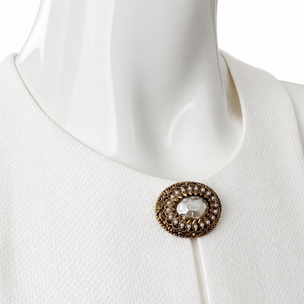 Vintage Miriam Haskell Style Faux Pearl Brooch, Gold Tone Filigree Pin