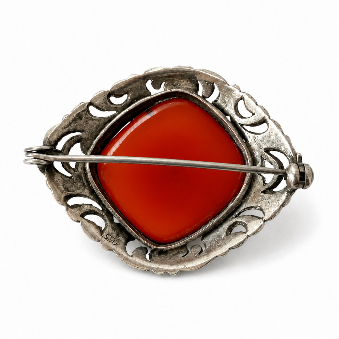 Antique Silver & Natural Amber Brooch. Ornate Art Nouveau Scrollwork.