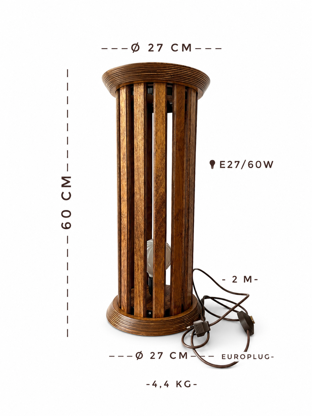 Vintage  Wooden Pedestal Floor Lamp, 1970s Slatted Side Table Lamp