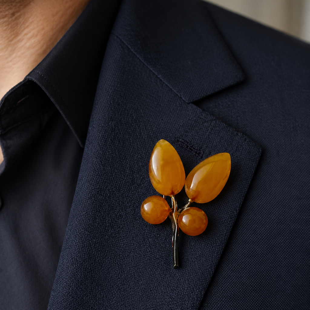Vintage Leaves Brooch. Silver and  Baltic Amber