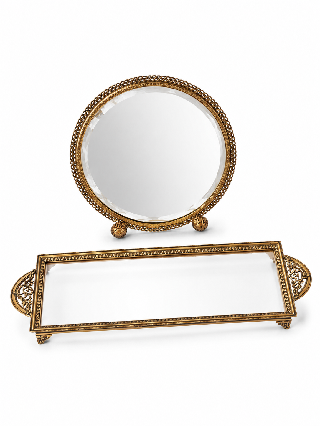 Vintage Brass Vanity Set With Glass Tray And Round Beveled Dressing Table Mirror