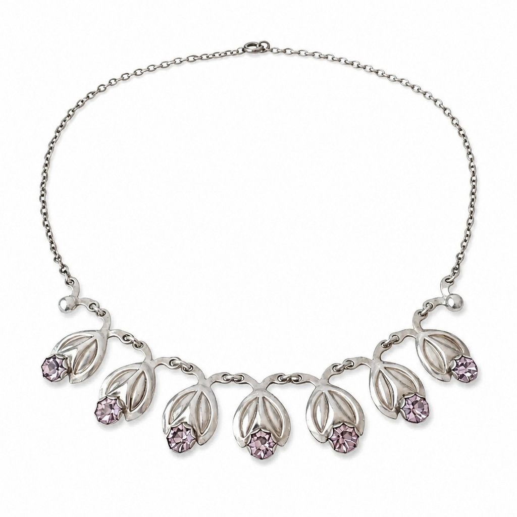 Vintage Danish Sterling Silver Floral Necklace Purple Crystal Hermann Siersbøl Scandinavian