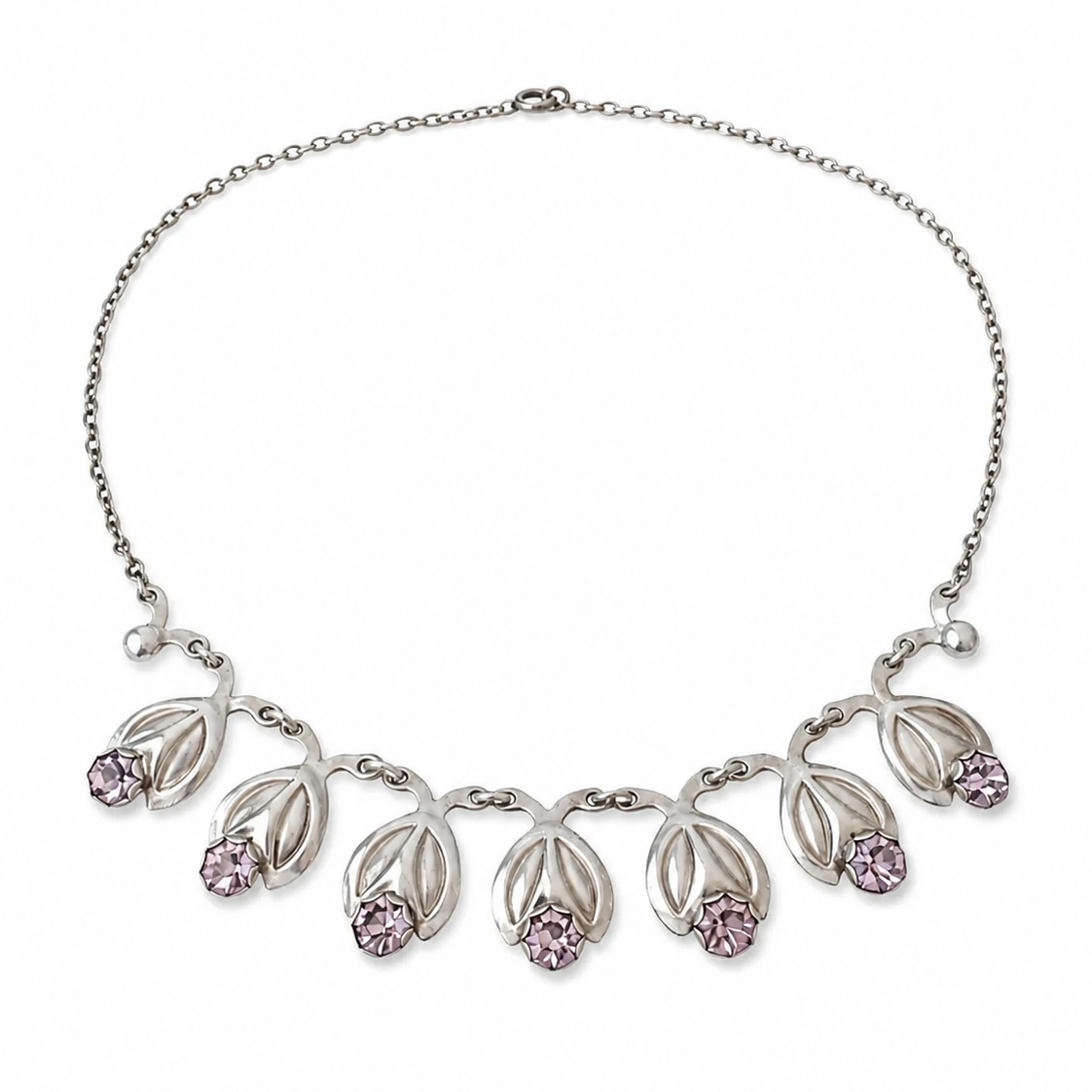 Vintage Danish Sterling Silver Floral Necklace Purple Crystal Hermann Siersbøl Scandinavian