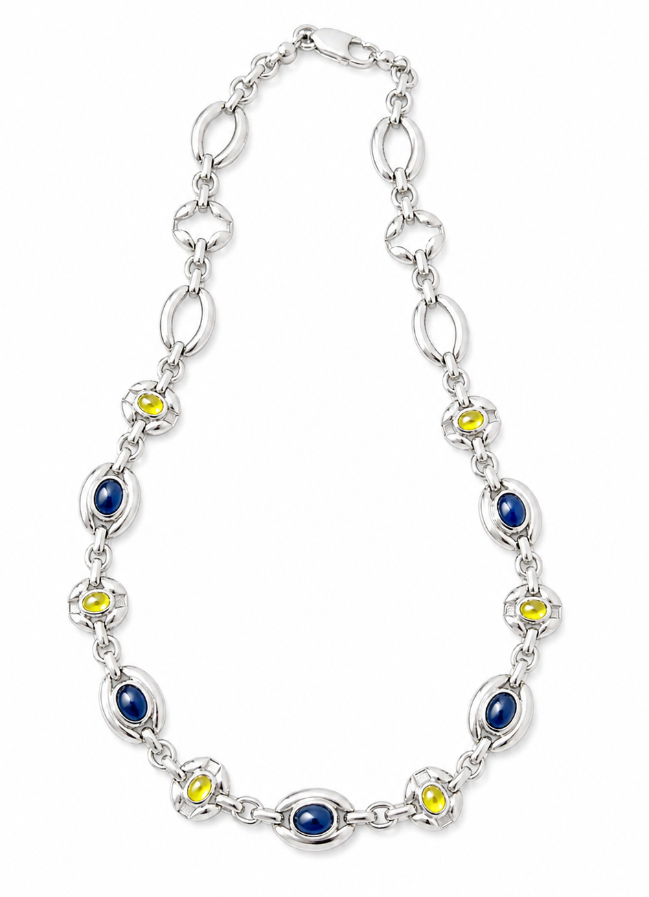 Vintage Italian Sterling Silver Necklace, Blue Yellow Glass Cabochons, 925 Modernist Link Chain