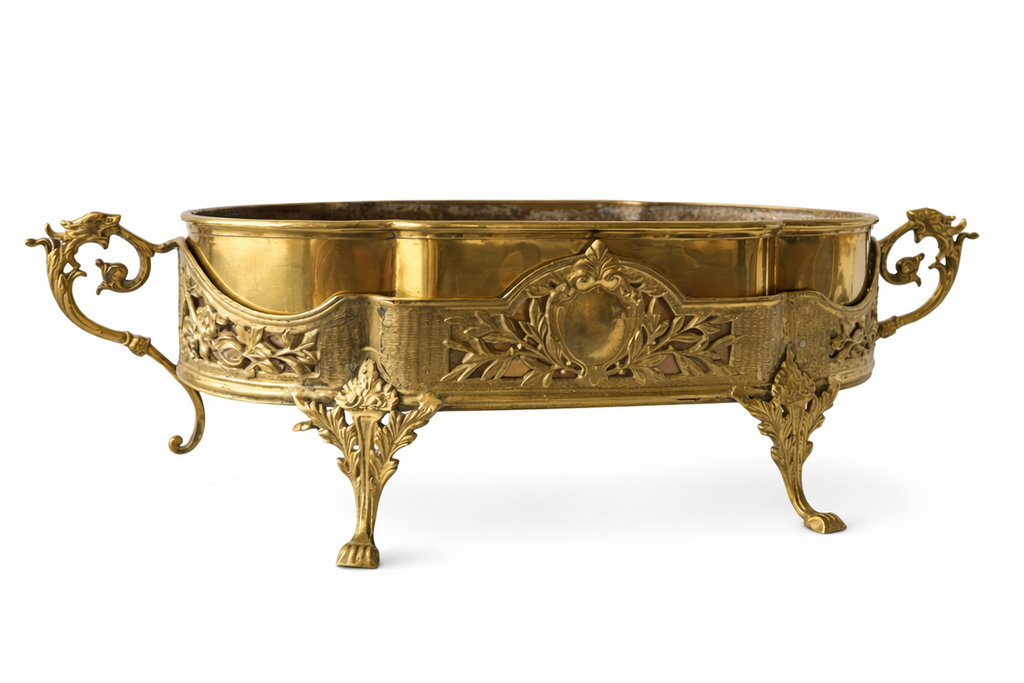 Antique French Dragon-Handle Brass Jardinière, Planter, Oval Footed Centrepiece.