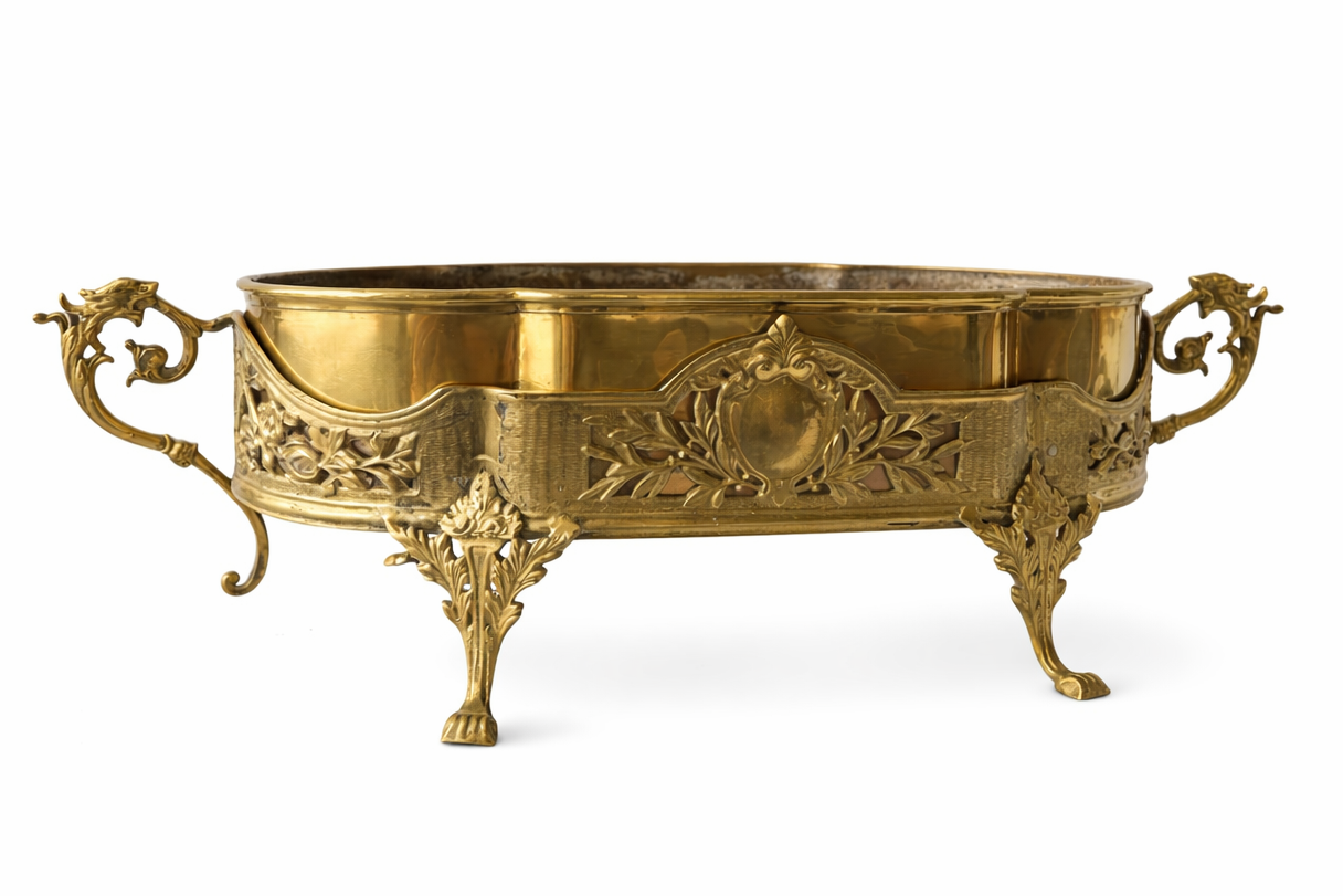 Antique French Dragon-Handle Brass Jardinière, Planter, Oval Footed Centrepiece.