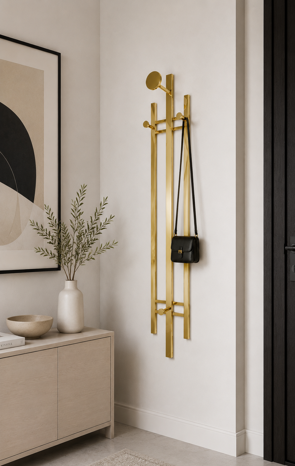 Vintage German Brass Wall Coat Rack, Mid-Century Modern Entryway Hooks, 110 cm Tall