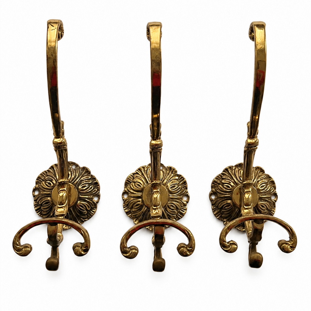 Set Of 3 Large Ornate Brass Wall Hooks, Vintage Coat Hangers