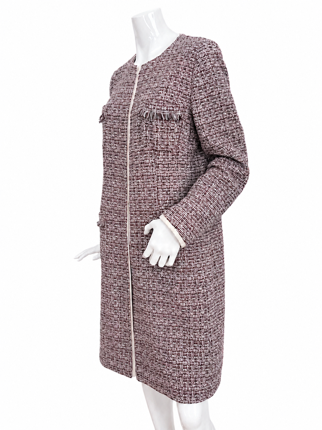 Weekend Max Mara Tweed Coat Jacket Collarless Burgundy Cotton Blend Italy 44 / UK 16