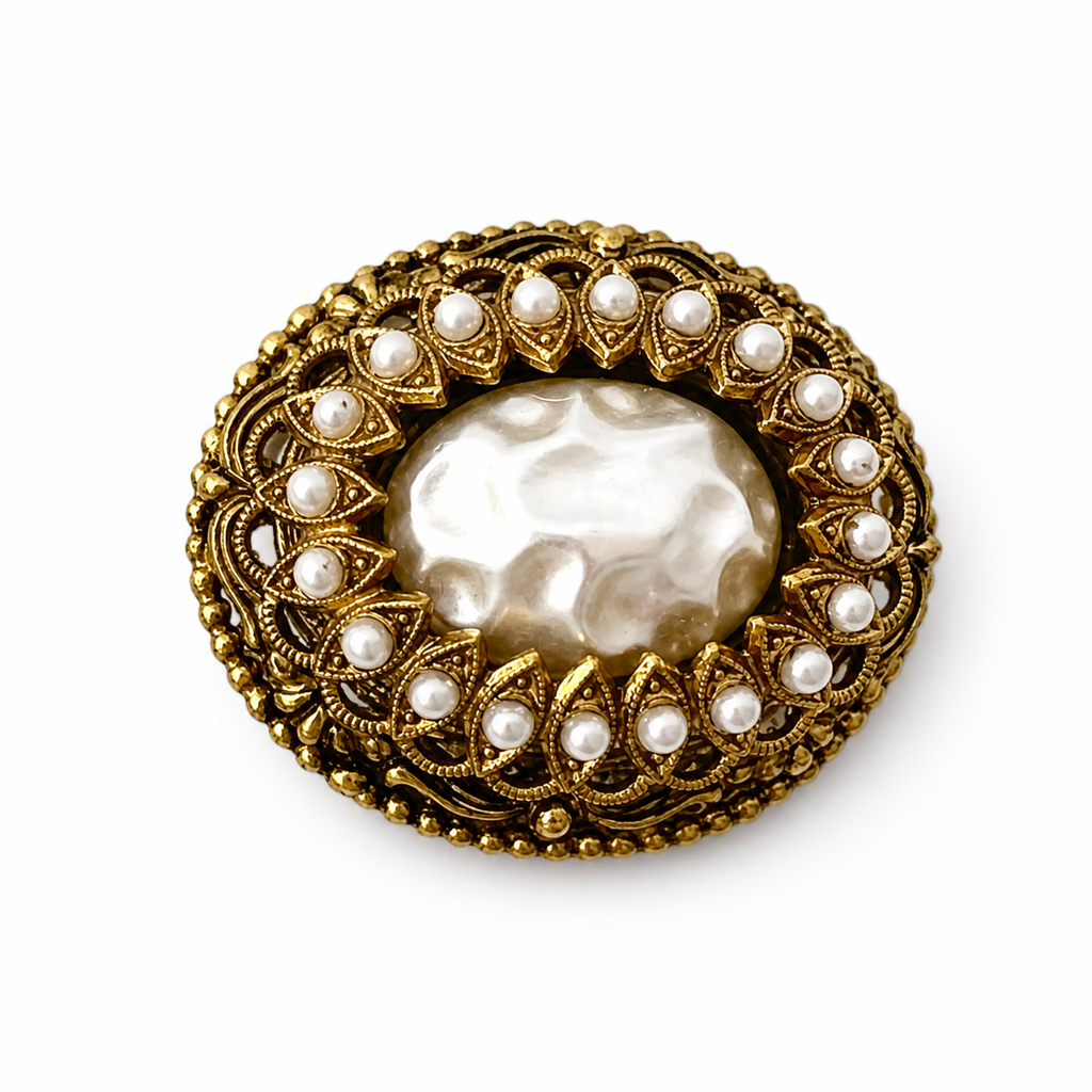 Vintage Miriam Haskell Style Faux Pearl Brooch, Gold Tone Filigree Pin