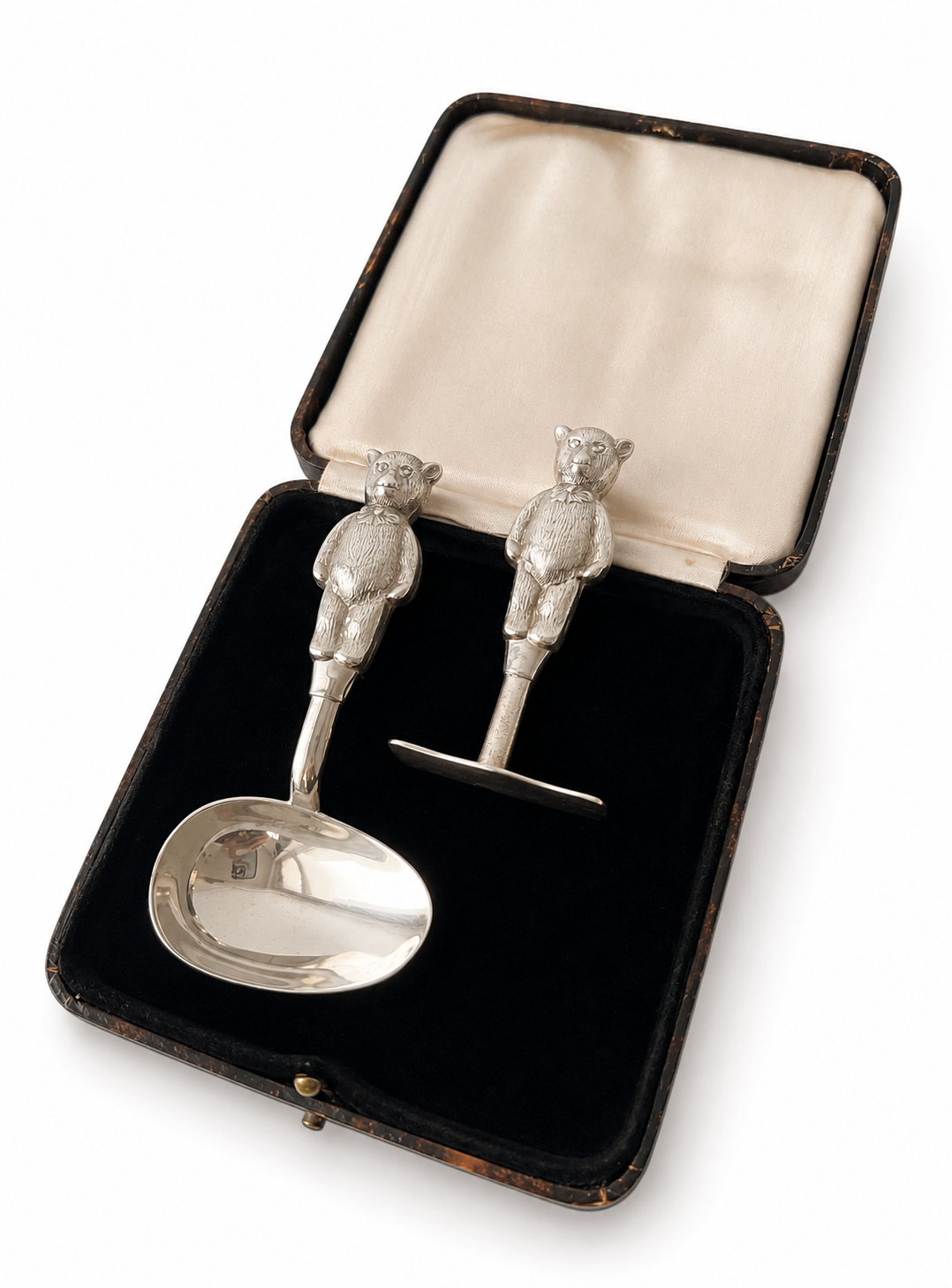 Vintage Silver Plated Teddy Bear Baby Spoon And Food Pusher Set In Original Box