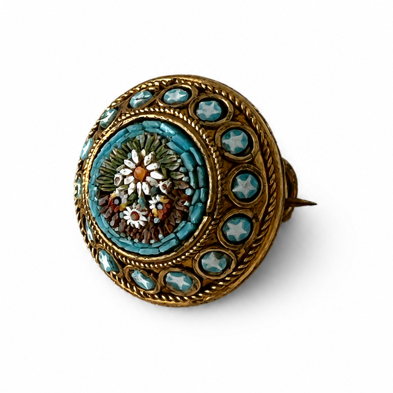 Antique Italian Micro Mosaic Brooch, Turquoise Floral Gilt Pin, Early 20th Century
