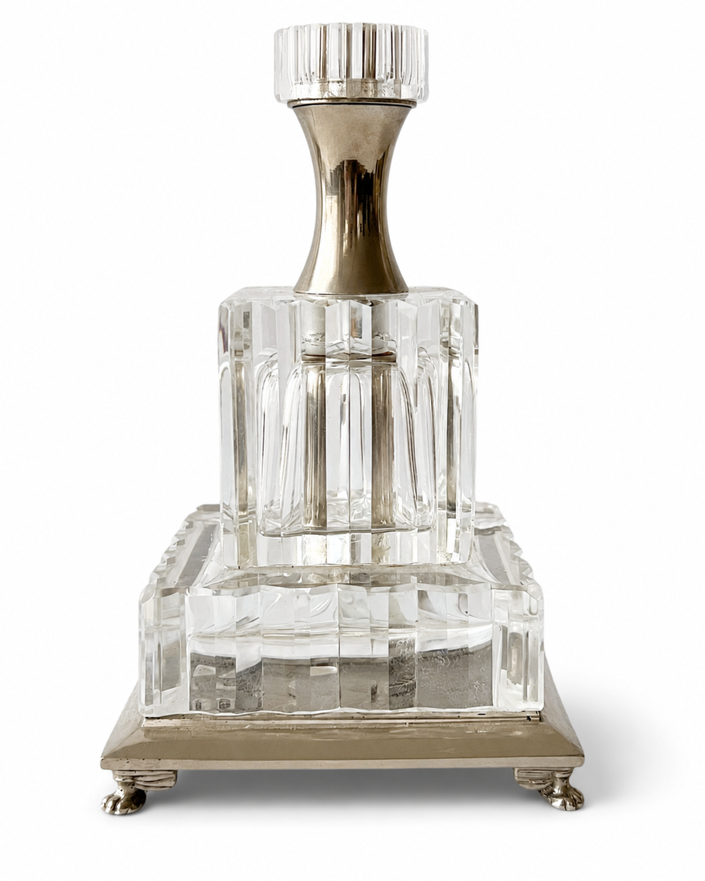 Vintage German Crystal Column Table Lamp, 1960s Neoclassical Glass Lamp With Silver Metal Details