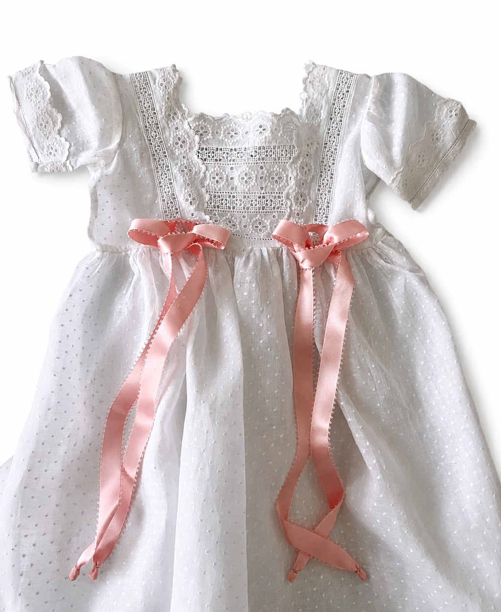 Vintage Eminence Paris Christening Gown, French White Batiste Lace Baby Dress With Pink Ribbons