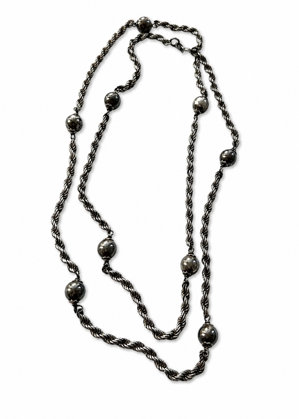Vintage Silver Beaded Necklace, Twisted Rope Chain, 80cm Long.