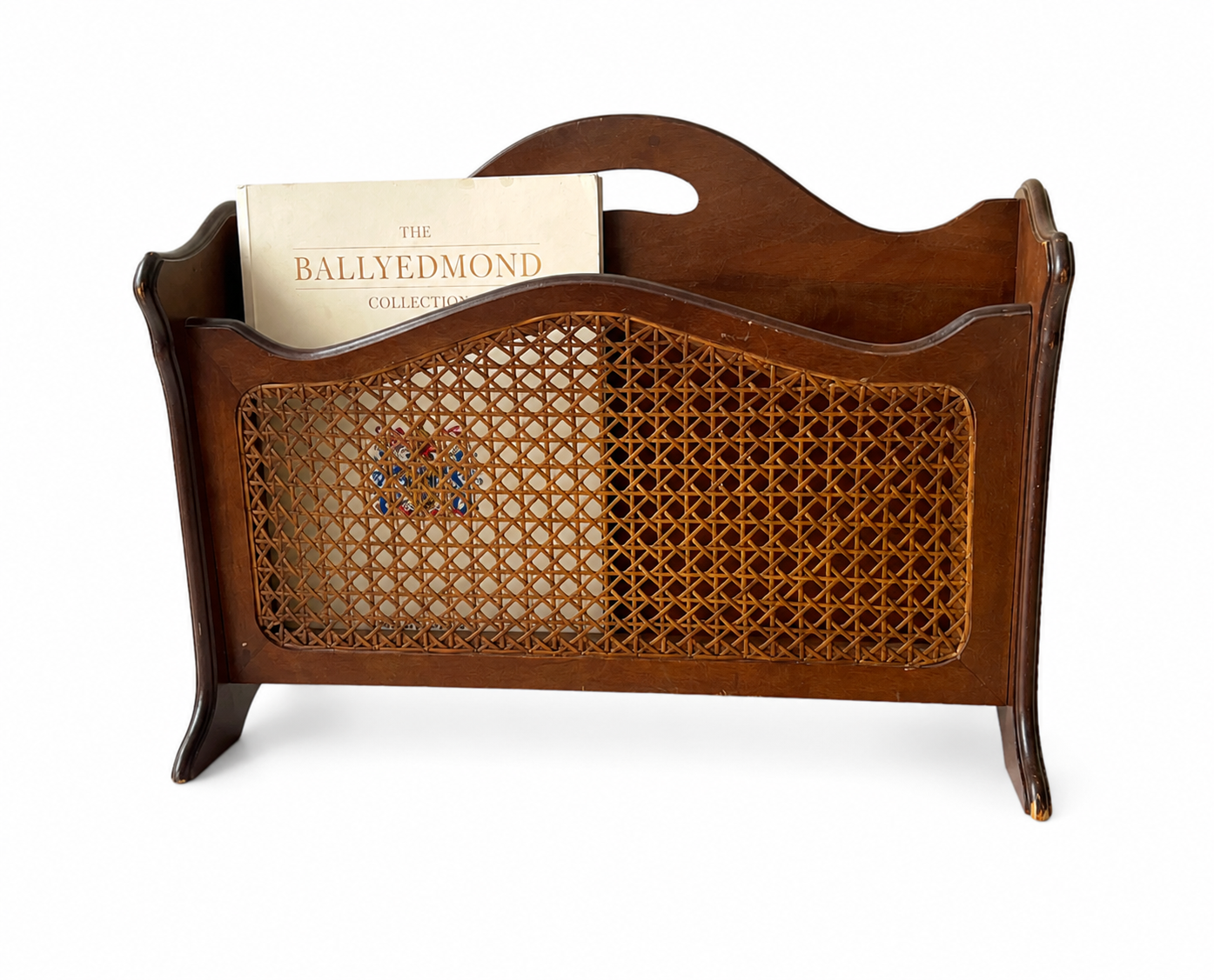 Vintage German Wooden Rattan Magazine Rack, Mid-Century Cane Newspaper Holder 1950s–70s