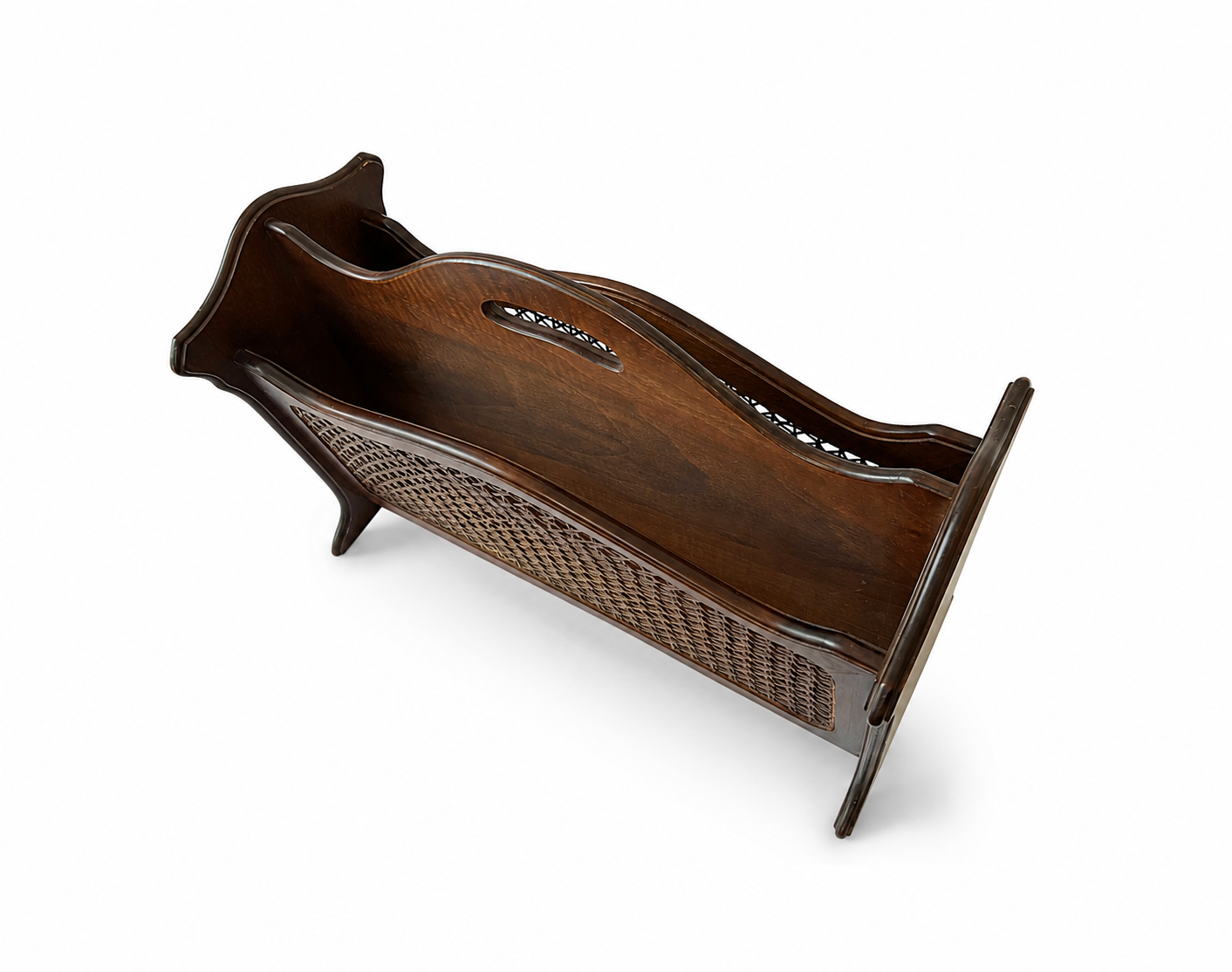 Vintage German Wooden Rattan Magazine Rack, Mid-Century Cane Newspaper Holder 1950s–70s