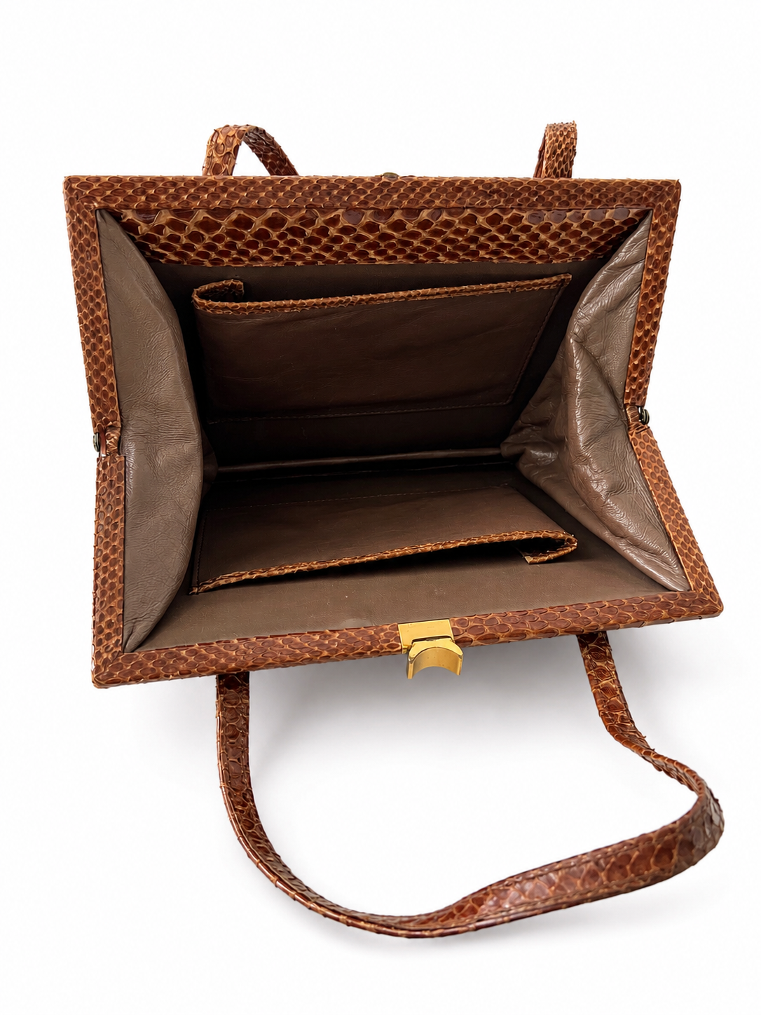 Vintage Brown Reptile Textured Leather Handbag With Brass Clasp And Leather Lining