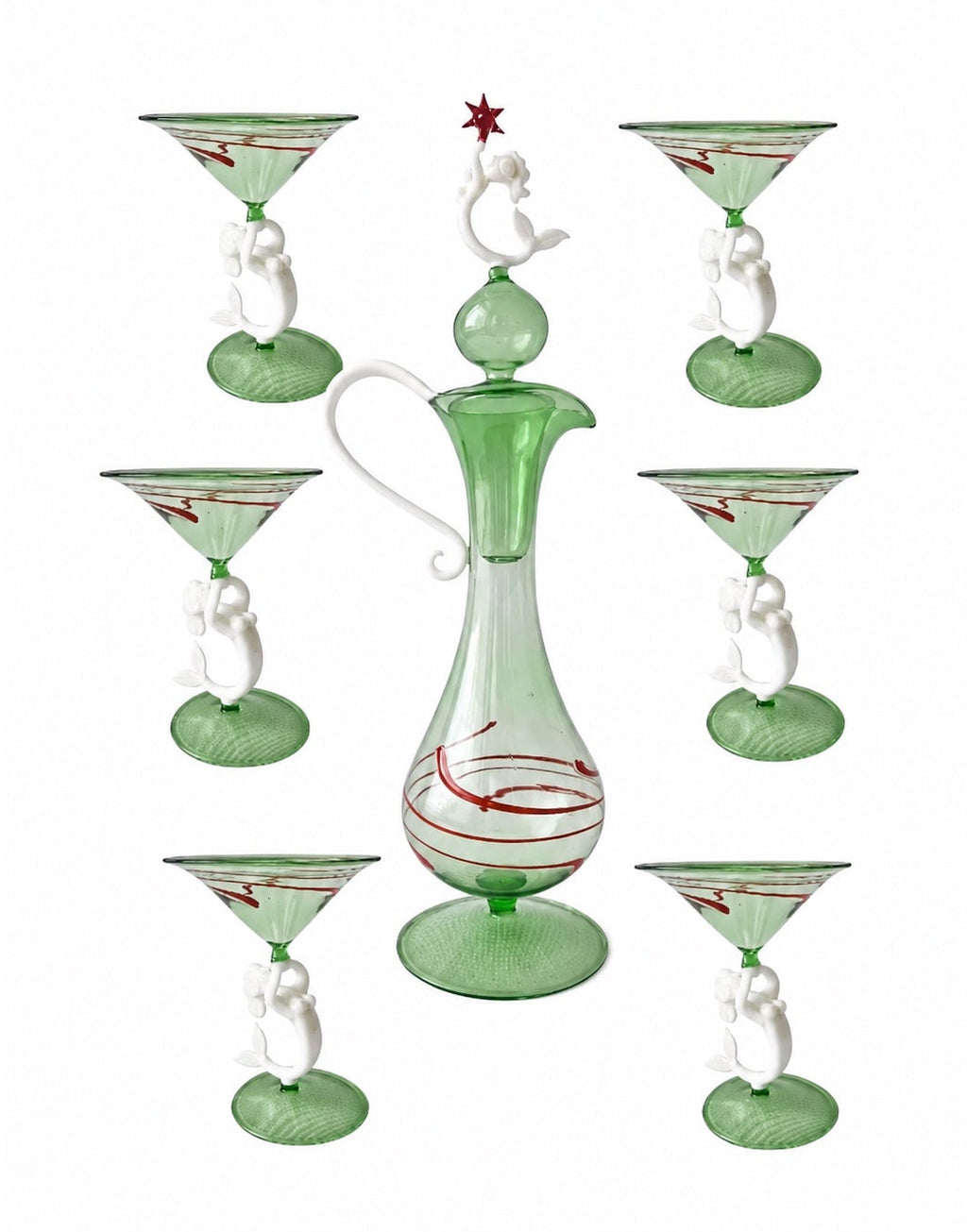 Lauscha Mermaid Glass Decanter Set, German Art Deco Green Glass Stemware, Circa 1900s