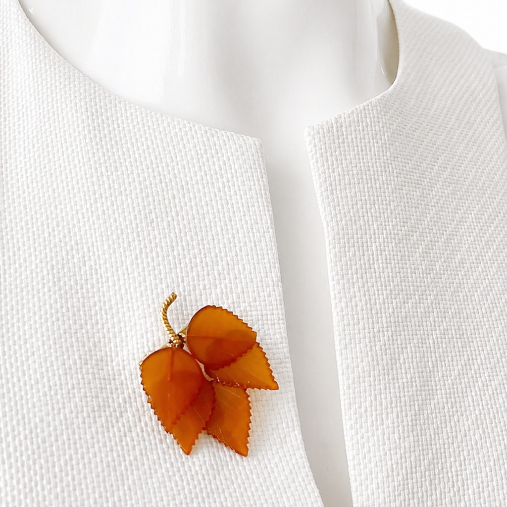 Vintage Baltic Amber Leaf Brooch, Kaliningrad Amber Combine 1980s Gold Plated Pin