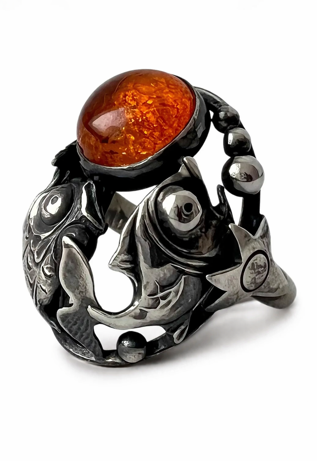 Niels Erik From Danish Sterling Silver Amber Ring Scandinavian Fish Design