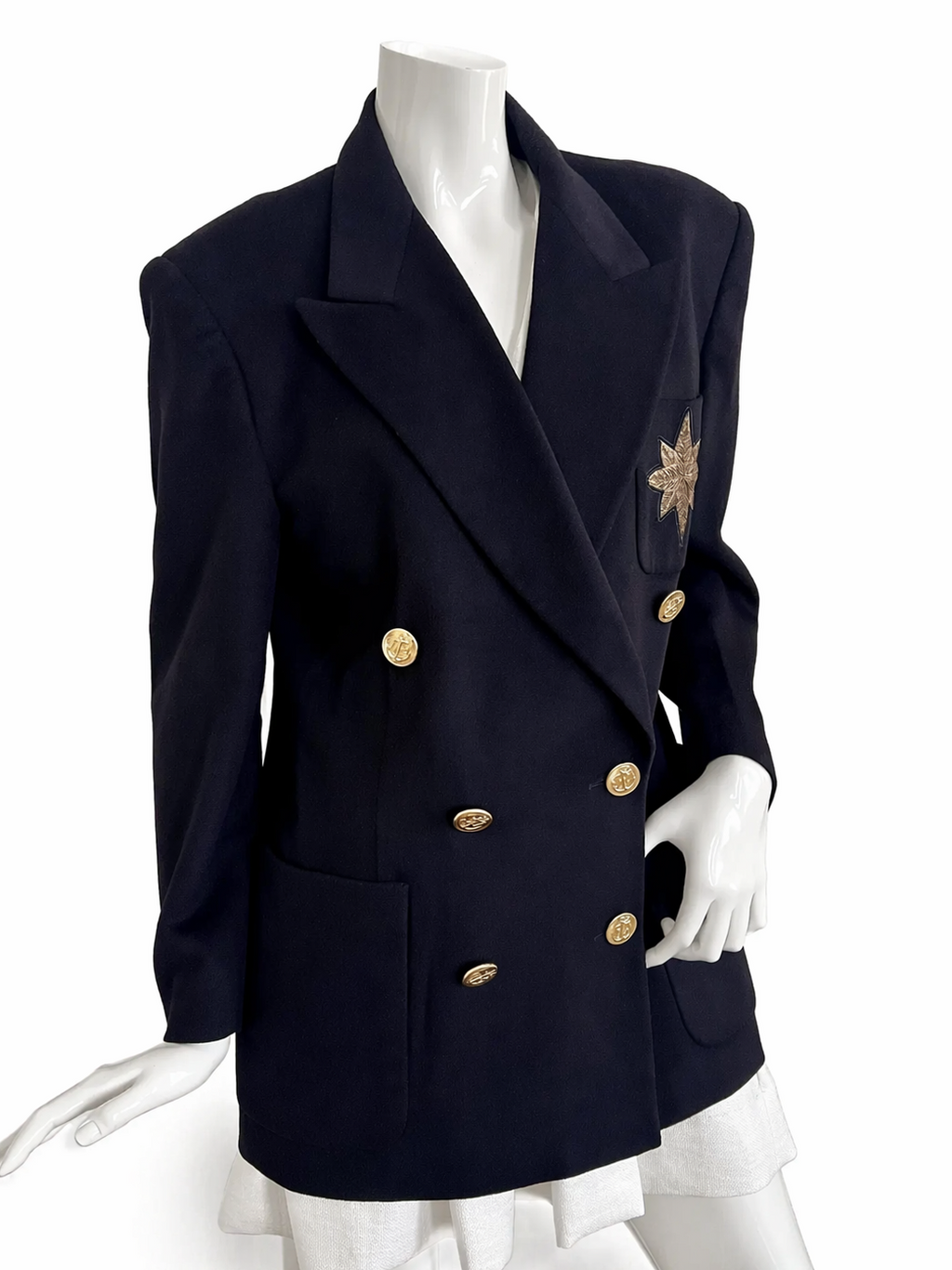 Vintage Escada by Margaretha Ley Navy Blue Blazer – Wool & Cashmere, Double-Breasted, Gold Nautical Buttons.