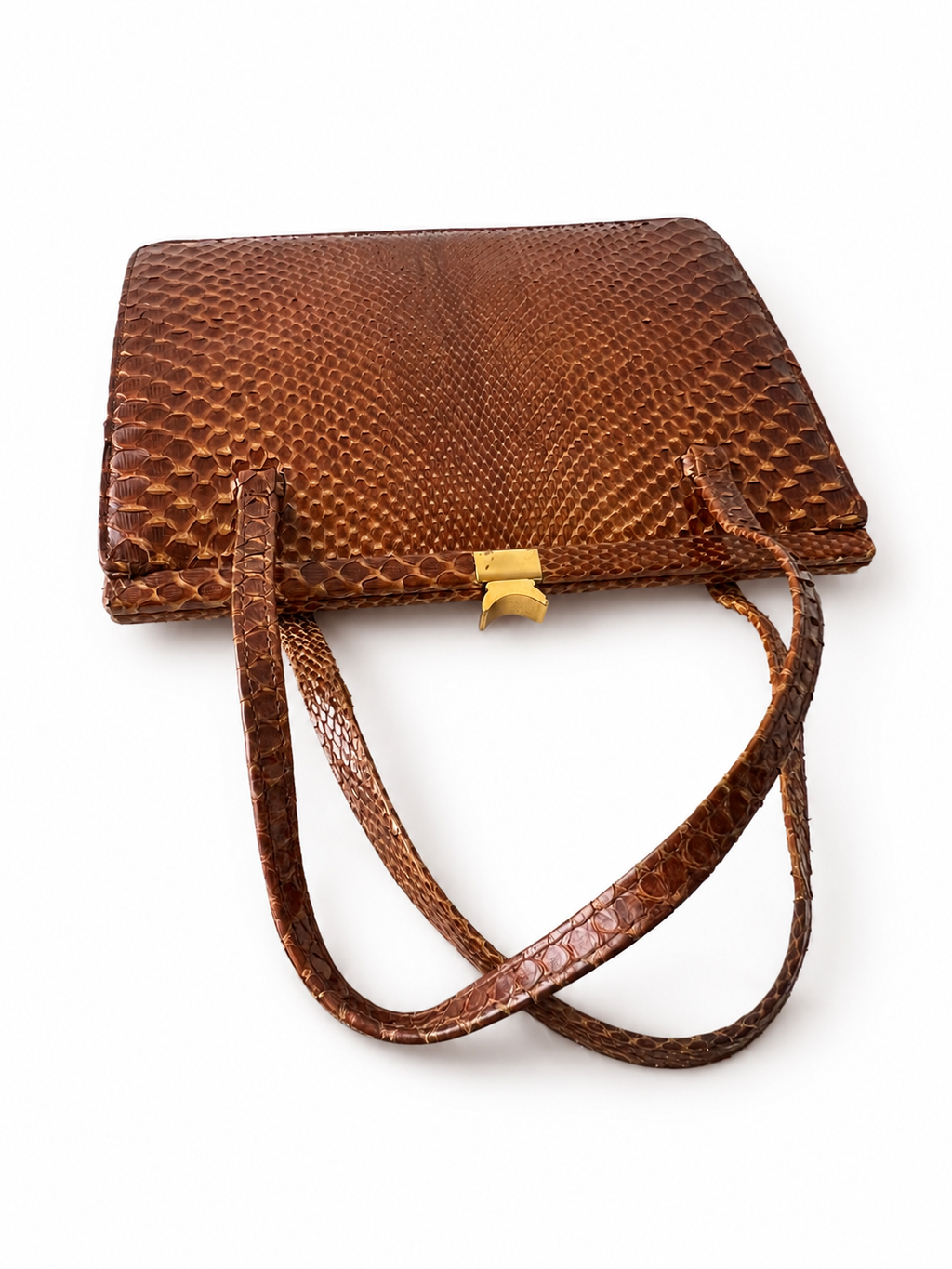 Vintage Brown Reptile Textured Leather Handbag With Brass Clasp And Leather Lining