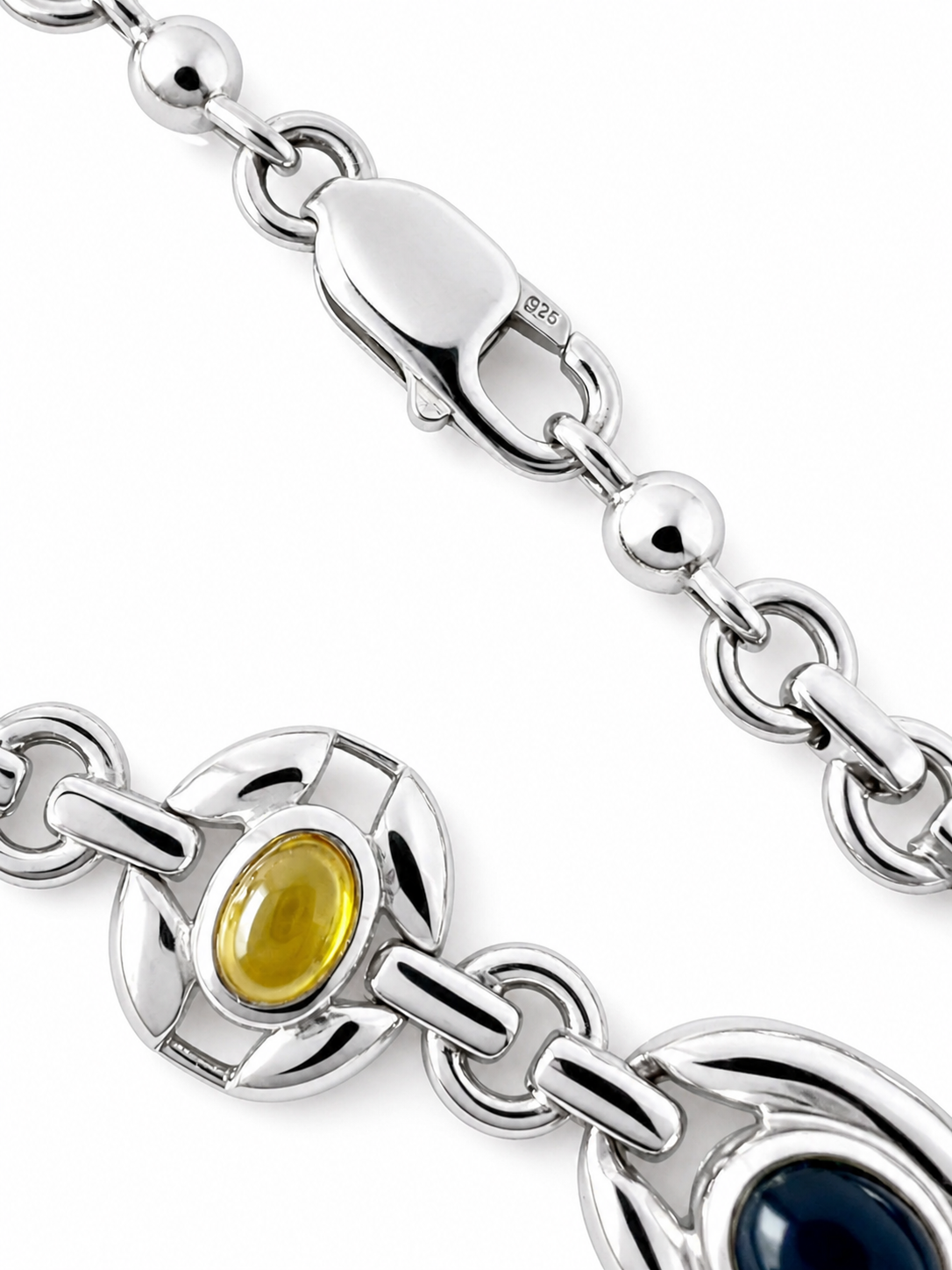 Vintage Italian Sterling Silver Necklace, Blue Yellow Glass Cabochons, 925 Modernist Link Chain