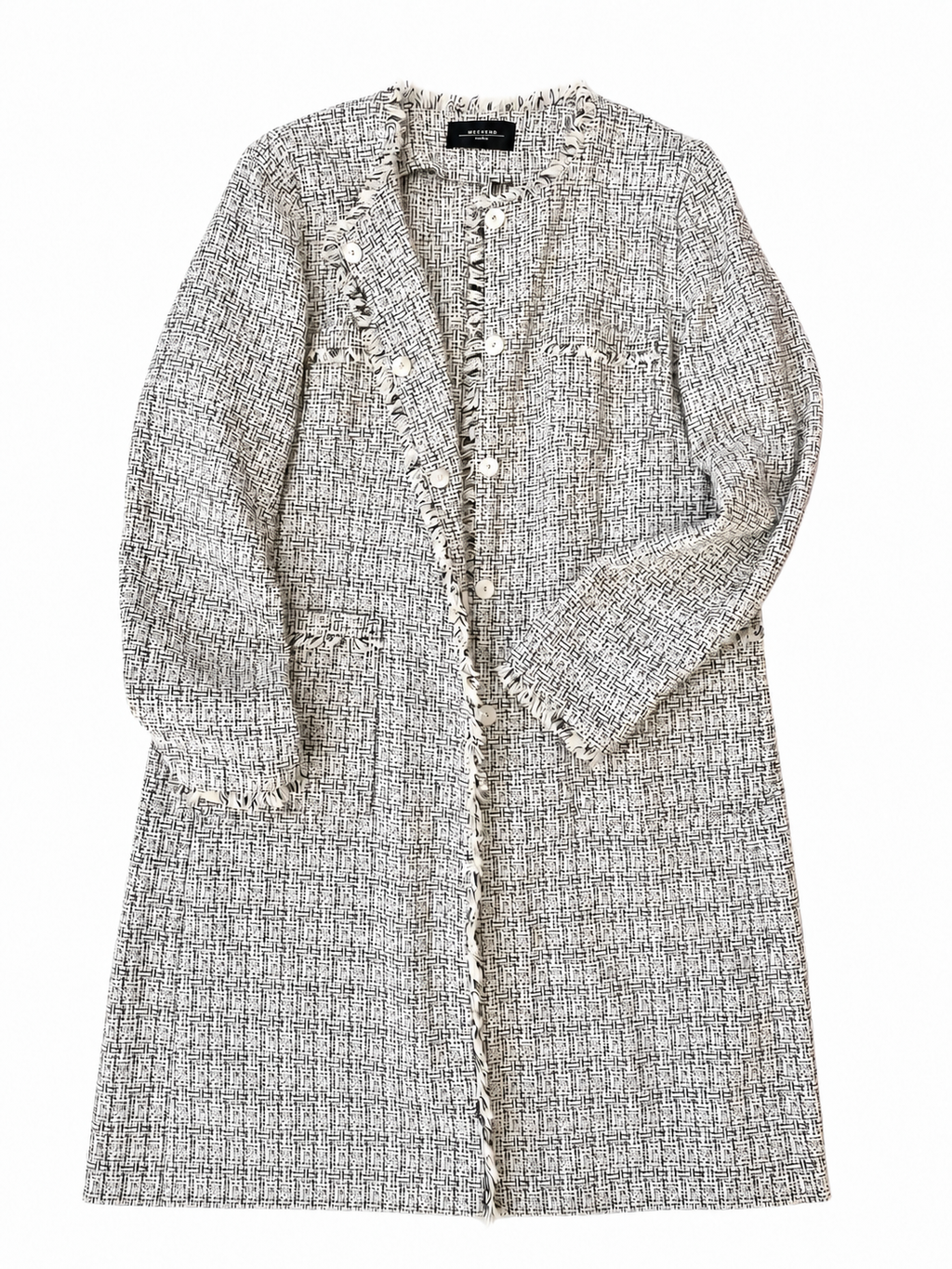 Weekend Max Mara Tweed Coat Jacket, Collarless Frayed Trim, Metallic Cotton Blend
