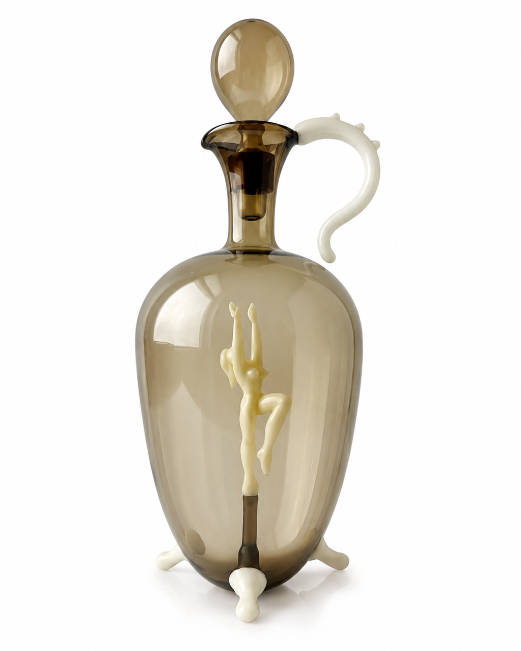 Art Deco Smoky Glass Cordial Set, Attributed Bimini Decanter And Six Figural Stem Glasses, Fritz Lampl, 1920s
