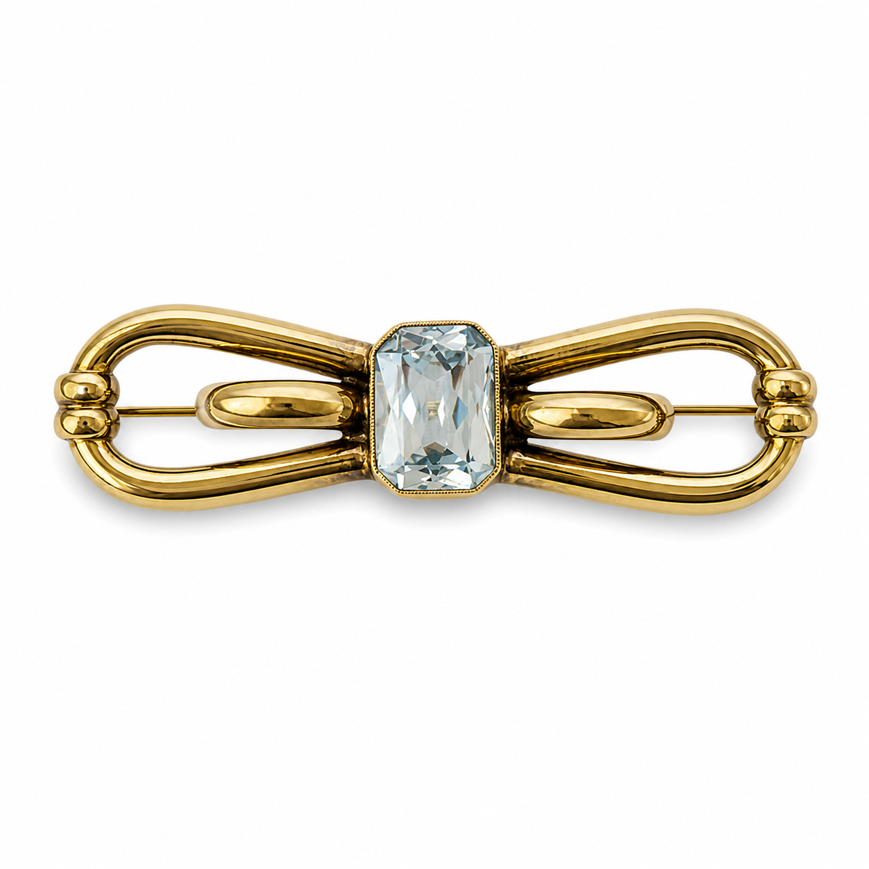Vintage Amerikaner Brooch Gold Plated Bow Pin With Light Blue Faceted Stone