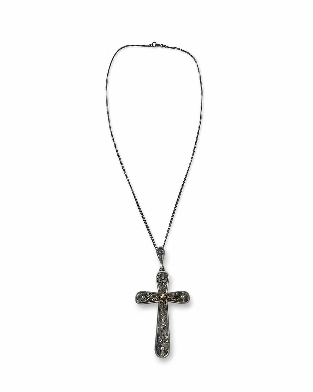 Vintage 835 Silver Filigree Cross Necklace, Floral Openwork Pendant, European Religious Jewellery