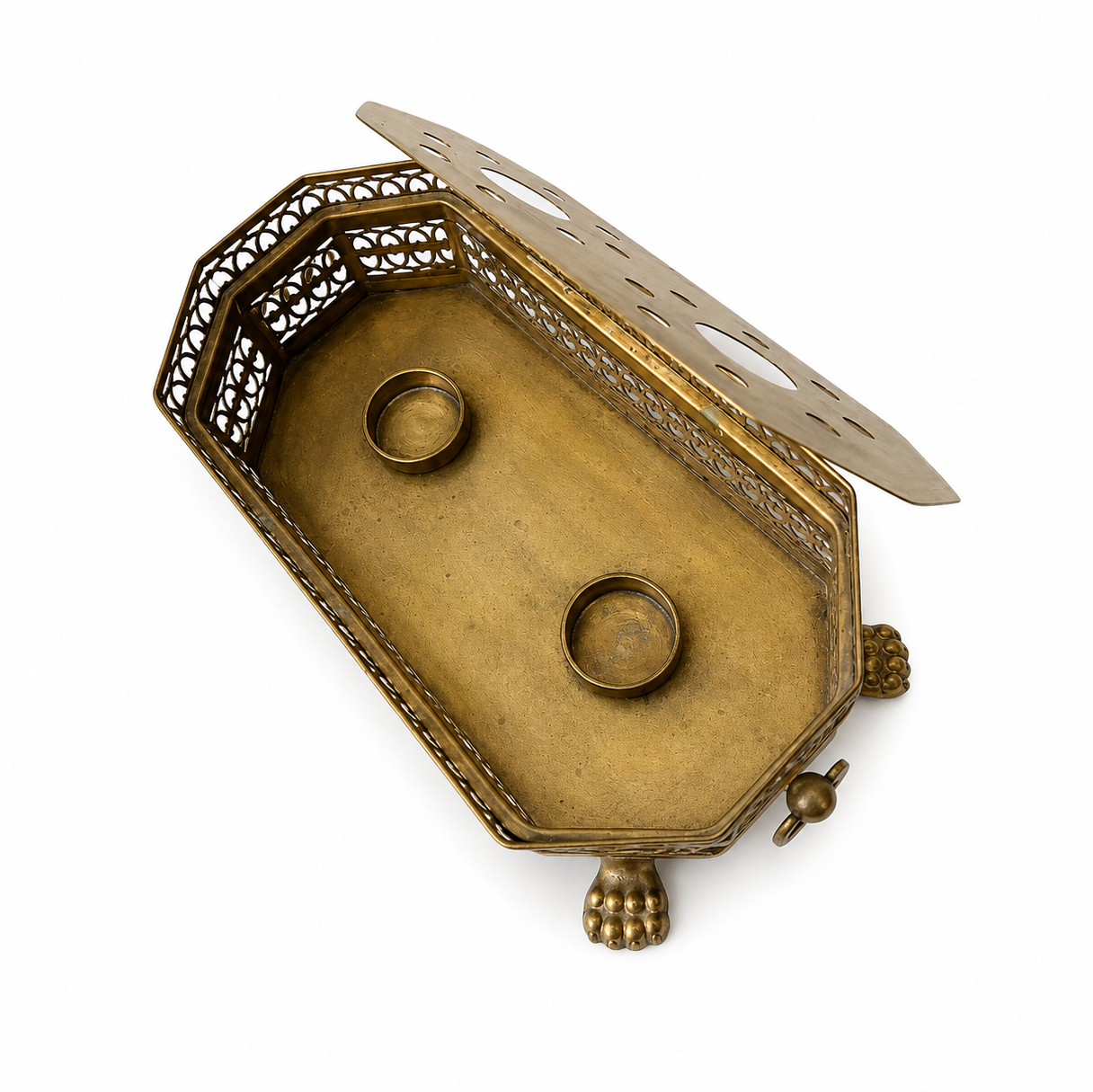 Vintage Brass Double Food Warmer With Pierced Sides And Paw Feet