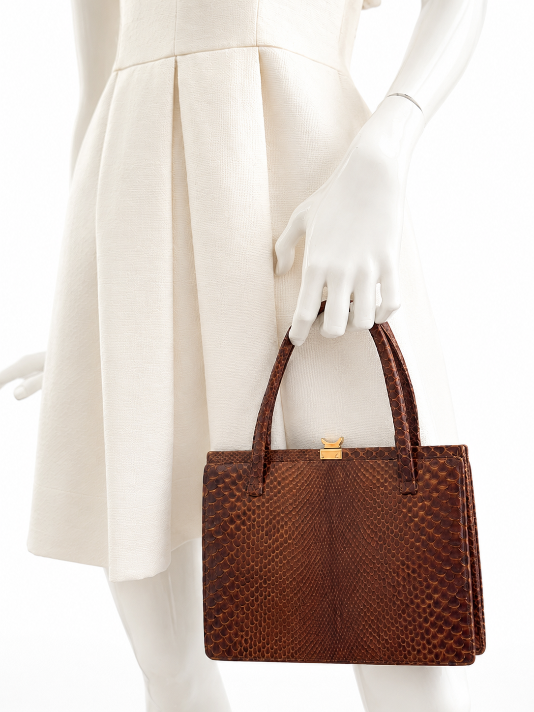 Vintage Brown Reptile Textured Leather Handbag With Brass Clasp And Leather Lining