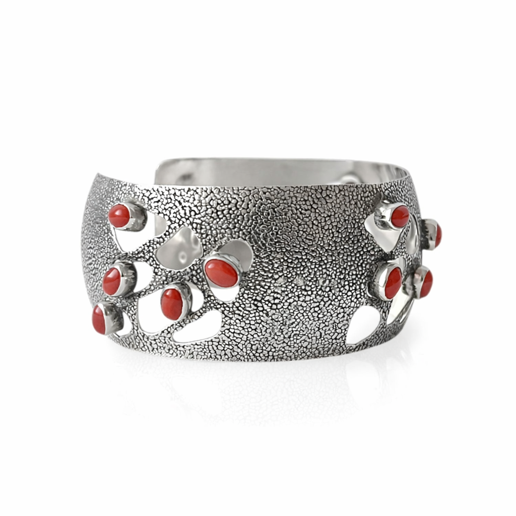 Vintage Silver Wide Cuff Bracelet With Mediterranean Coral.