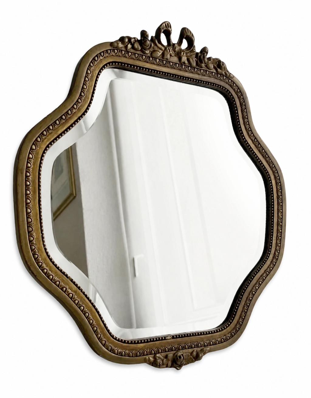 Vintage Louis XVI Style Wall Mirror, Belgian Gilt Wood And Stucco Beveled Mirror