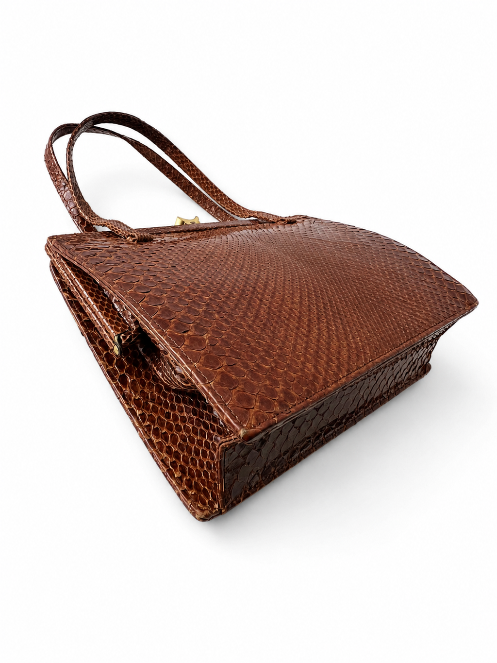 Vintage Brown Reptile Textured Leather Handbag With Brass Clasp And Leather Lining