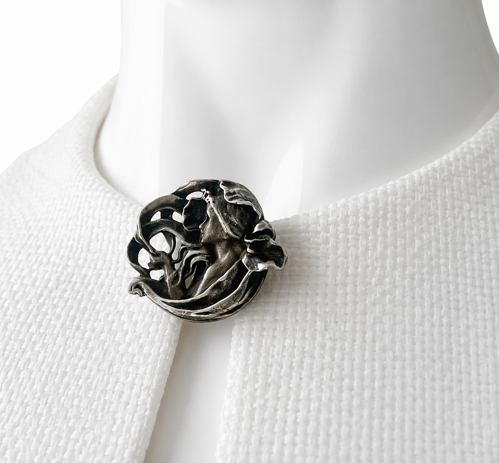Antique Art Nouveau Sterling Silver Woman Brooch Pendant, 925 Silver Profile Pin