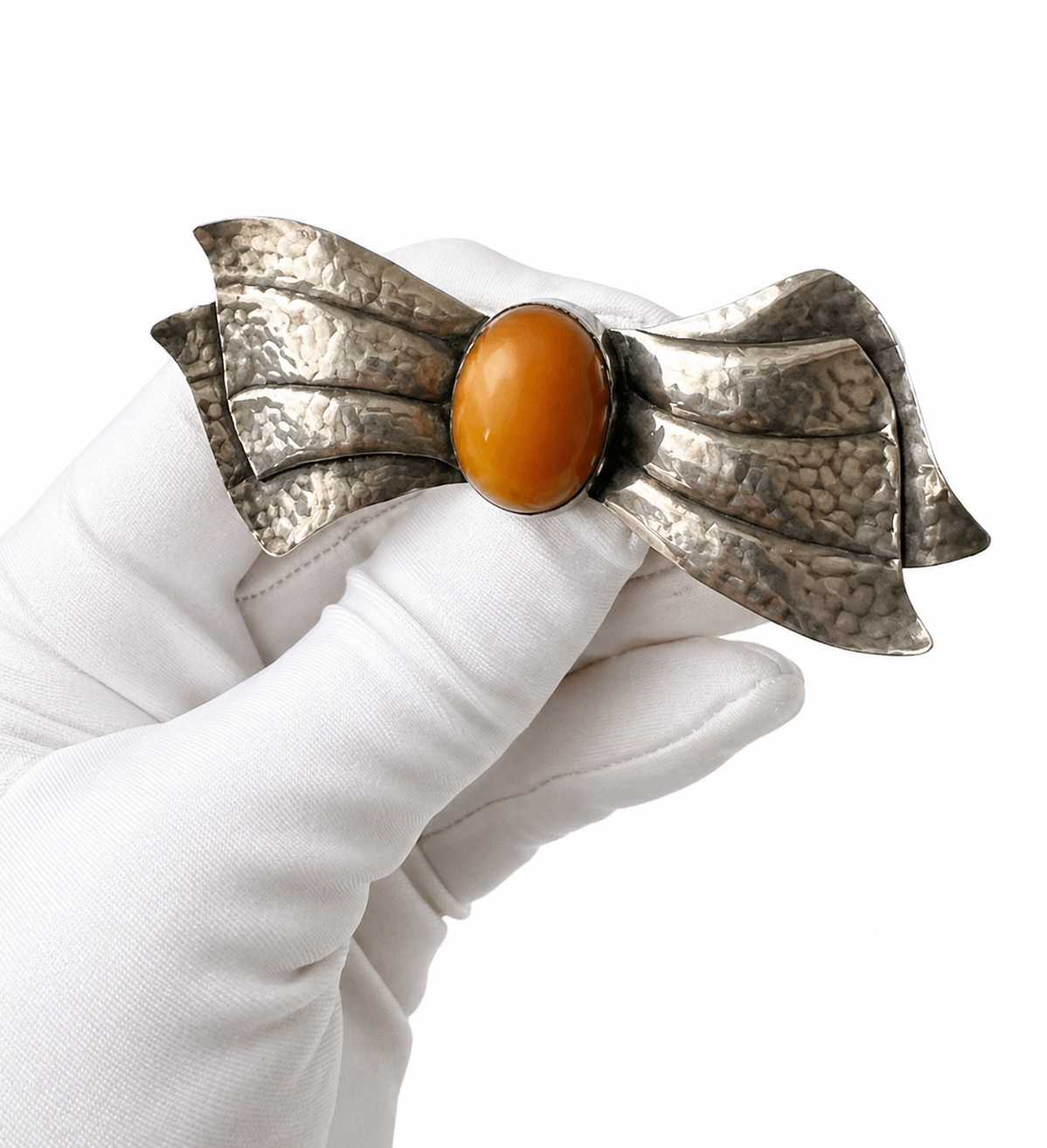Vintage Silver Bow Brooch Baltic Amber Cabochon