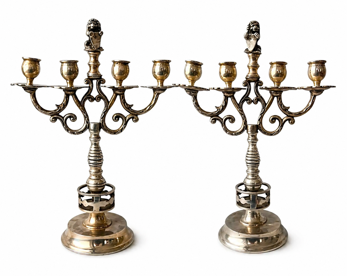 Antique Silver Plated Candelabra Pair, Heraldic Lion Gothic Candle Holders