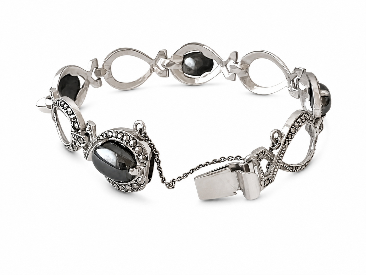 Art Deco 800 Silver Marcasite Hematite Bracelet, 1920s Filigree Jewellery