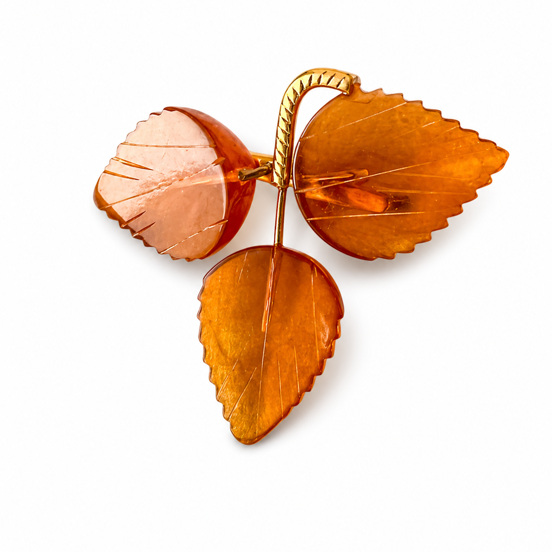 Vintage Baltic Amber Leaves Brooch - Gold Plated Brass Frame, USSR 1980s