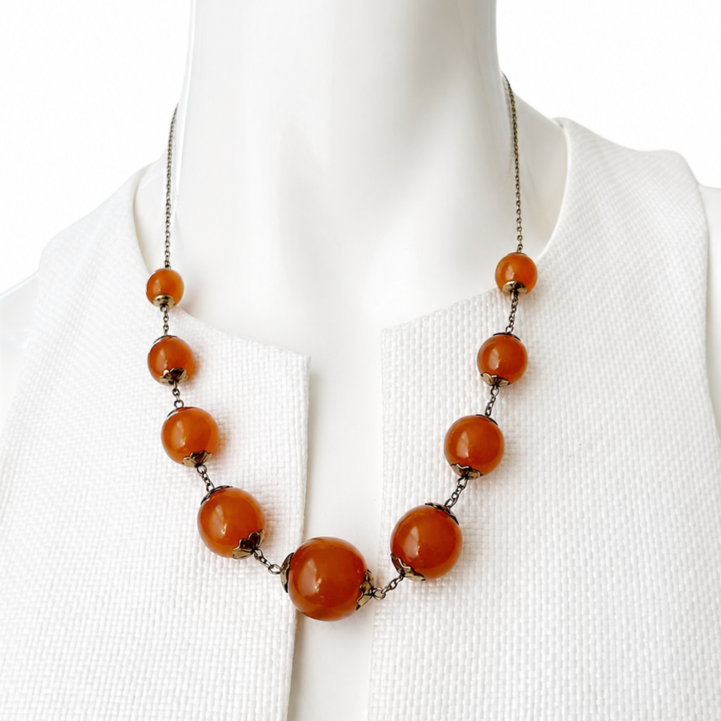 Vintage Soviet Amber Bead Necklace, 875 Silver Gold Plated Chain