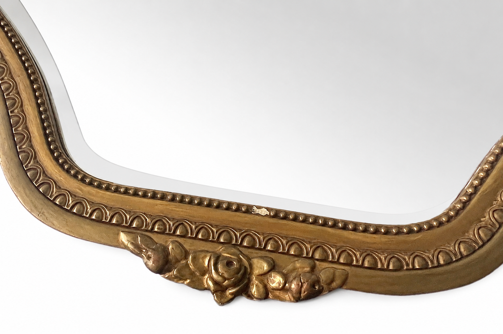 Vintage Louis XVI Style Wall Mirror, Belgian Gilt Wood And Stucco Beveled Mirror