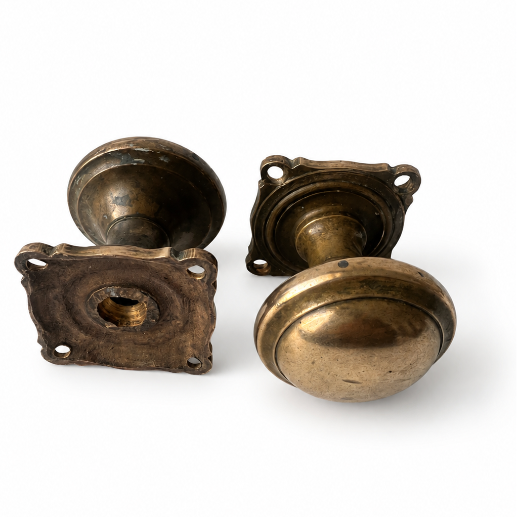 Antique Cast Brass Door Knobs Pair, Heavy Round Handles, Square Backplates