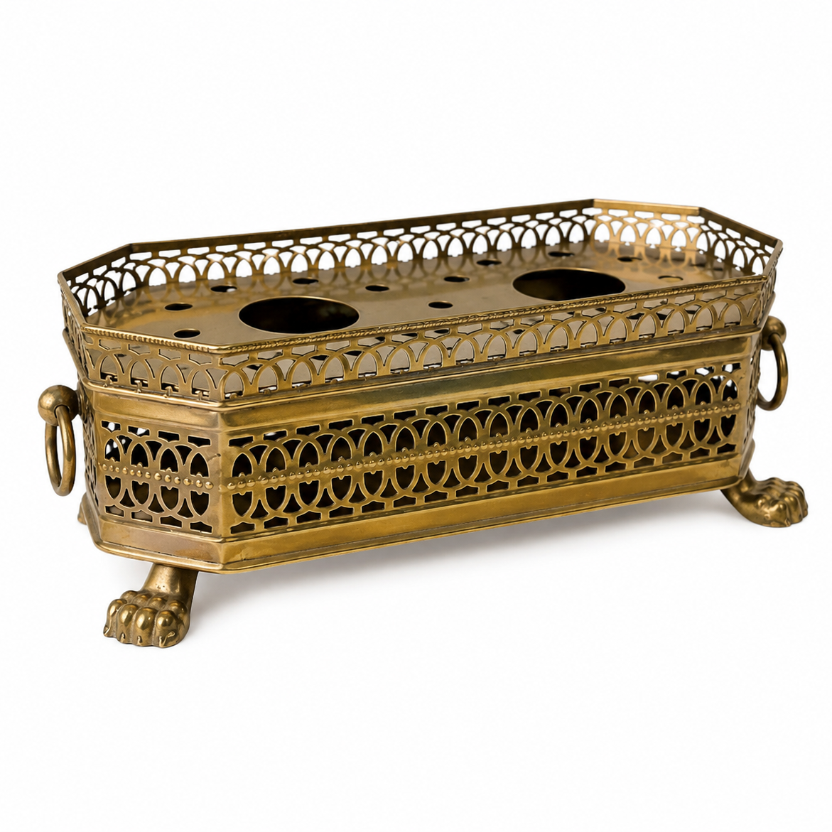 Vintage Brass Double Food Warmer With Pierced Sides And Paw Feet