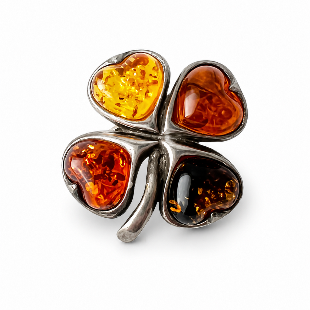 Vintage Baltic Amber Four-Leaf Clover Brooch. Good Luck Charm in Sterling Silver