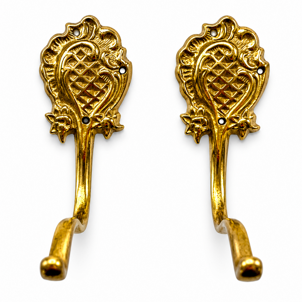Pair Ornate Brass Wall Hooks, Vintage German Coat Hat Hangers